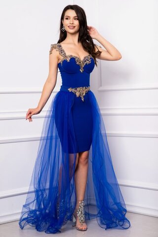 rochie marylin de-seara eleganta albastru royal cu trena detasabila